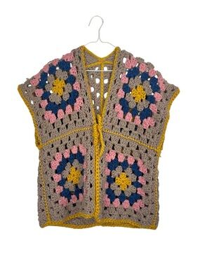Vintage Handmade Granny Square Crochet Boho Cottagecore Sweater Vest OSFM